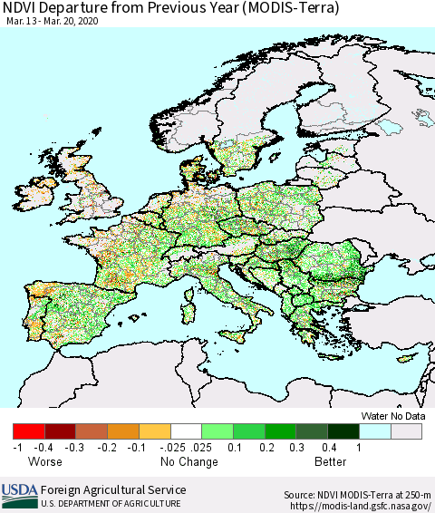 Europe NDVI Departure from Previous Year (Terra-MODIS) Thematic Map For 3/11/2020 - 3/20/2020