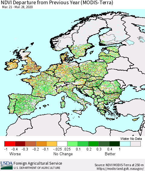 Europe NDVI Departure from Previous Year (Terra-MODIS) Thematic Map For 3/21/2020 - 3/31/2020