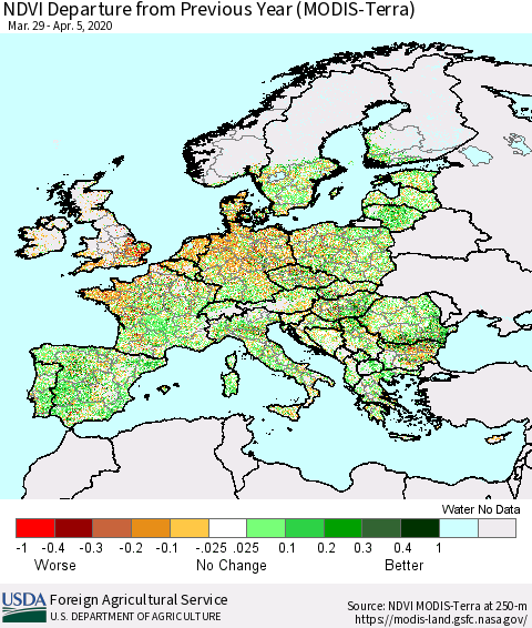 Europe NDVI Departure from Previous Year (Terra-MODIS) Thematic Map For 4/1/2020 - 4/10/2020