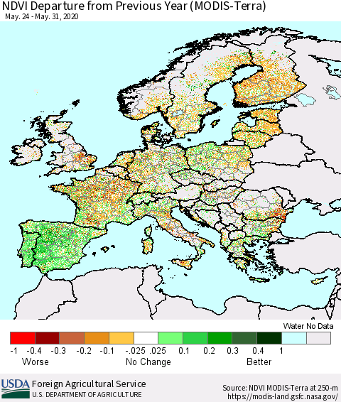 Europe NDVI Departure from Previous Year (Terra-MODIS) Thematic Map For 5/21/2020 - 5/31/2020