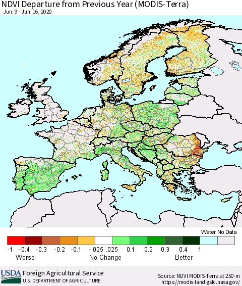 Europe NDVI Departure from Previous Year (Terra-MODIS) Thematic Map For 6/11/2020 - 6/20/2020