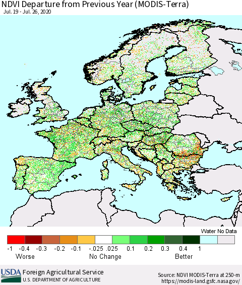 Europe NDVI Departure from Previous Year (Terra-MODIS) Thematic Map For 7/21/2020 - 7/31/2020