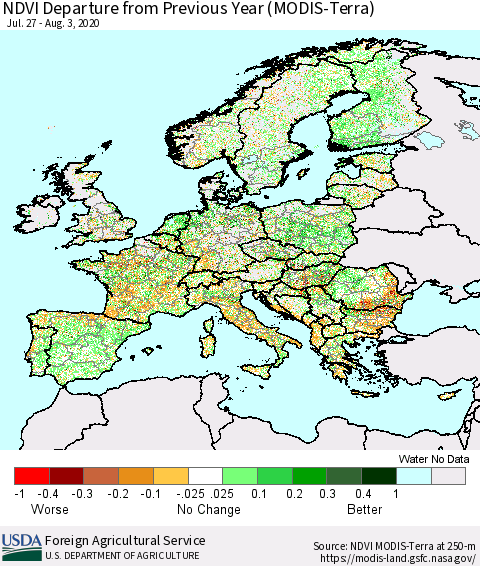 Europe NDVI Departure from Previous Year (Terra-MODIS) Thematic Map For 8/1/2020 - 8/10/2020