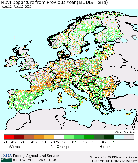Europe NDVI Departure from Previous Year (Terra-MODIS) Thematic Map For 8/11/2020 - 8/20/2020