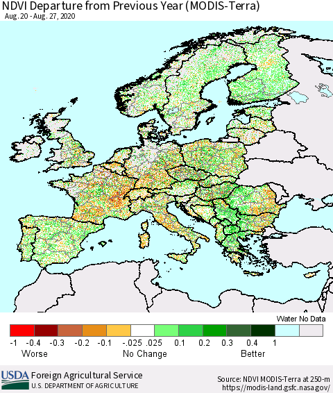 Europe NDVI Departure from Previous Year (Terra-MODIS) Thematic Map For 8/21/2020 - 8/31/2020