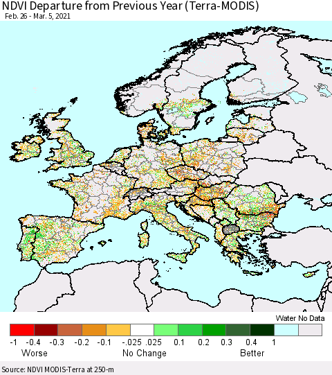 Europe NDVI Departure from Previous Year (Terra-MODIS) Thematic Map For 2/26/2021 - 3/5/2021
