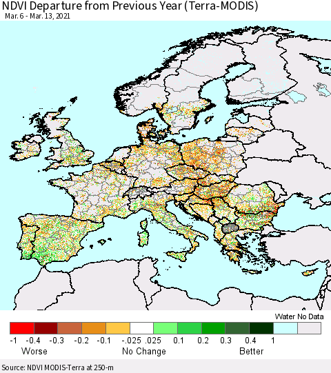 Europe NDVI Departure from Previous Year (Terra-MODIS) Thematic Map For 3/6/2021 - 3/13/2021