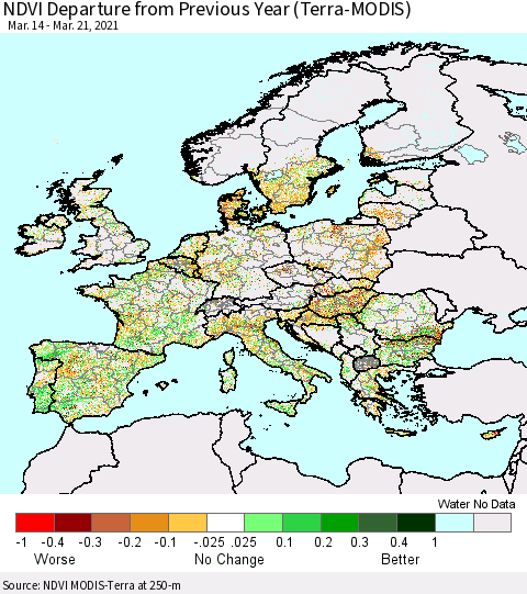 Europe NDVI Departure from Previous Year (Terra-MODIS) Thematic Map For 3/14/2021 - 3/21/2021
