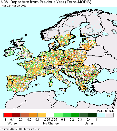 Europe NDVI Departure from Previous Year (Terra-MODIS) Thematic Map For 3/22/2021 - 3/29/2021