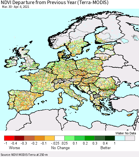 Europe NDVI Departure from Previous Year (Terra-MODIS) Thematic Map For 3/30/2021 - 4/6/2021