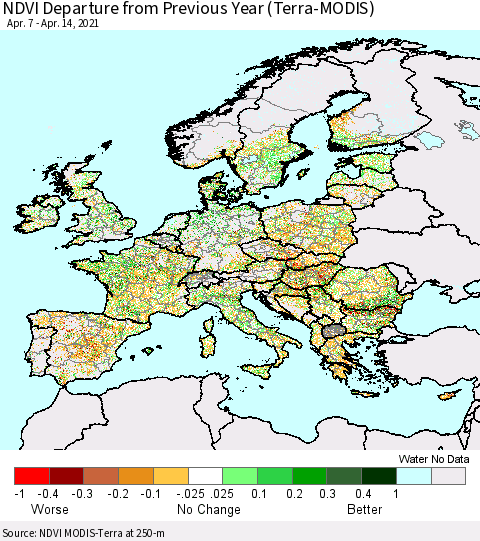 Europe NDVI Departure from Previous Year (Terra-MODIS) Thematic Map For 4/7/2021 - 4/14/2021