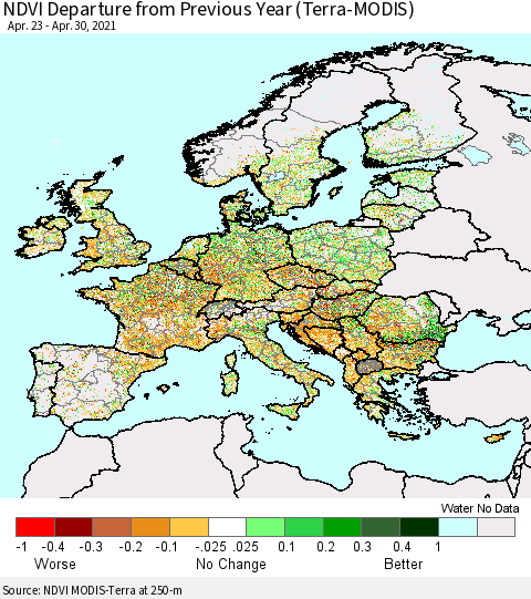Europe NDVI Departure from Previous Year (Terra-MODIS) Thematic Map For 4/23/2021 - 4/30/2021