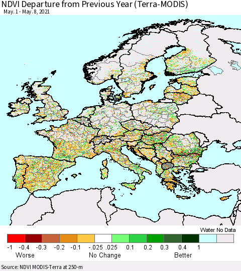 Europe NDVI Departure from Previous Year (Terra-MODIS) Thematic Map For 5/1/2021 - 5/8/2021