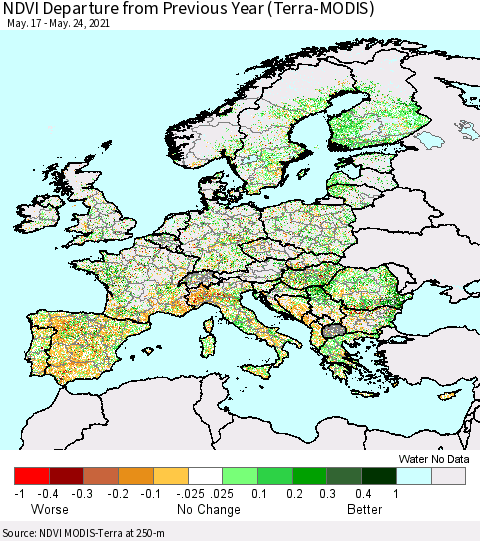 Europe NDVI Departure from Previous Year (Terra-MODIS) Thematic Map For 5/17/2021 - 5/24/2021