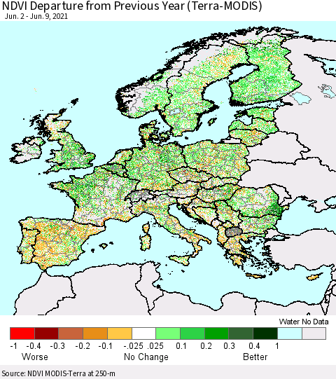 Europe NDVI Departure from Previous Year (Terra-MODIS) Thematic Map For 6/2/2021 - 6/9/2021