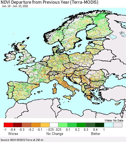 Europe NDVI Departure from Previous Year (Terra-MODIS) Thematic Map For 6/18/2021 - 6/25/2021