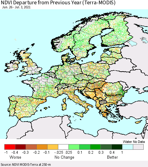 Europe NDVI Departure from Previous Year (Terra-MODIS) Thematic Map For 6/26/2021 - 7/3/2021