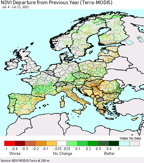 Europe NDVI Departure from Previous Year (Terra-MODIS) Thematic Map For 7/4/2021 - 7/11/2021