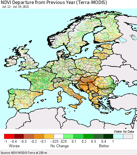 Europe NDVI Departure from Previous Year (Terra-MODIS) Thematic Map For 7/12/2021 - 7/19/2021