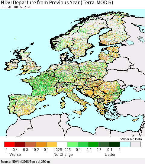 Europe NDVI Departure from Previous Year (Terra-MODIS) Thematic Map For 7/20/2021 - 7/27/2021