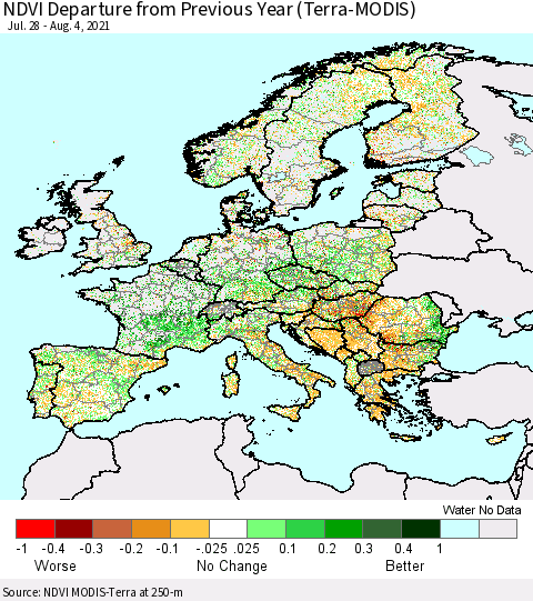 Europe NDVI Departure from Previous Year (Terra-MODIS) Thematic Map For 7/28/2021 - 8/4/2021