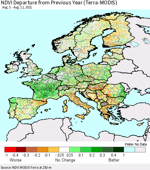 Europe NDVI Departure from Previous Year (Terra-MODIS) Thematic Map For 8/5/2021 - 8/12/2021