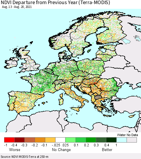 Europe NDVI Departure from Previous Year (Terra-MODIS) Thematic Map For 8/13/2021 - 8/20/2021