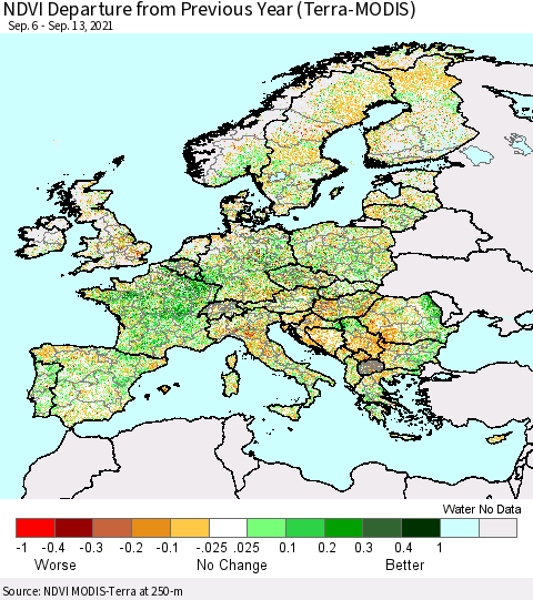 Europe NDVI Departure from Previous Year (Terra-MODIS) Thematic Map For 9/6/2021 - 9/13/2021