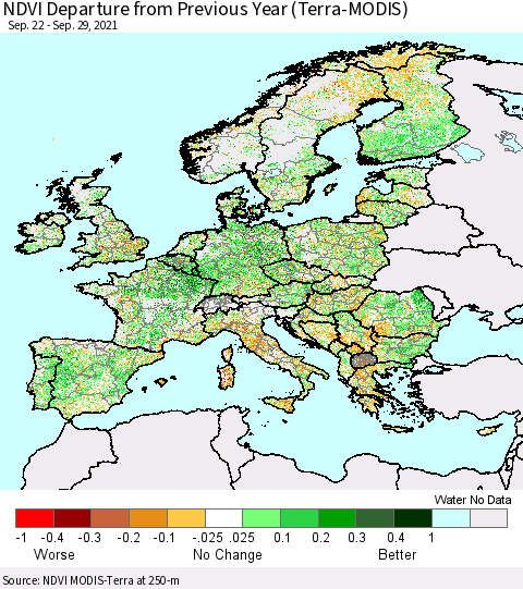 Europe NDVI Departure from Previous Year (Terra-MODIS) Thematic Map For 9/22/2021 - 9/29/2021