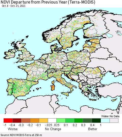 Europe NDVI Departure from Previous Year (Terra-MODIS) Thematic Map For 10/8/2021 - 10/15/2021