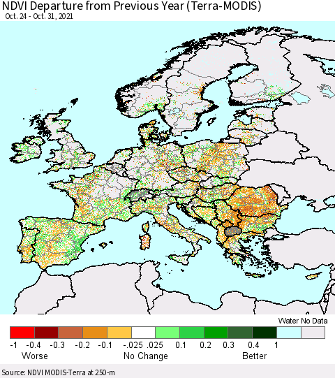 Europe NDVI Departure from Previous Year (Terra-MODIS) Thematic Map For 10/24/2021 - 10/31/2021