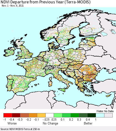 Europe NDVI Departure from Previous Year (Terra-MODIS) Thematic Map For 11/1/2021 - 11/8/2021