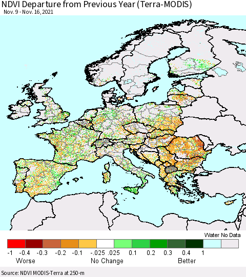 Europe NDVI Departure from Previous Year (Terra-MODIS) Thematic Map For 11/9/2021 - 11/16/2021
