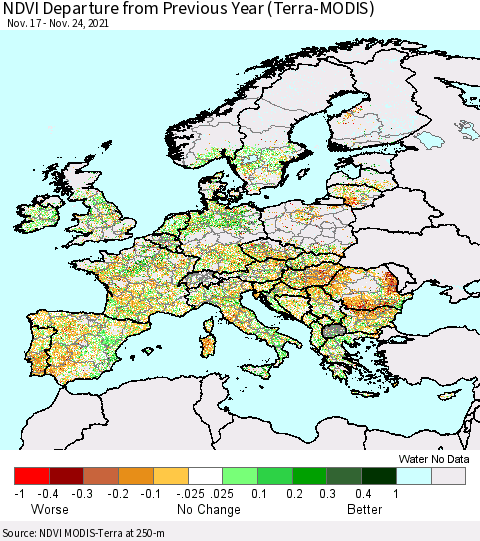 Europe NDVI Departure from Previous Year (Terra-MODIS) Thematic Map For 11/17/2021 - 11/24/2021
