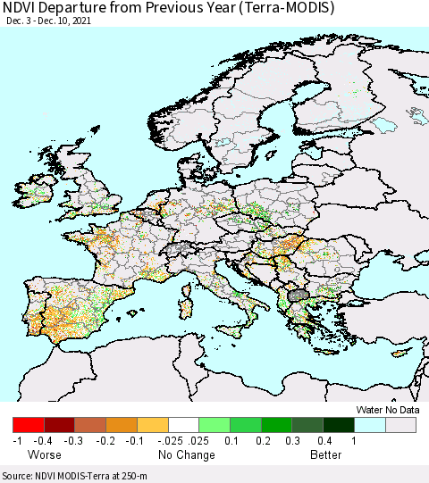 Europe NDVI Departure from Previous Year (Terra-MODIS) Thematic Map For 12/3/2021 - 12/10/2021