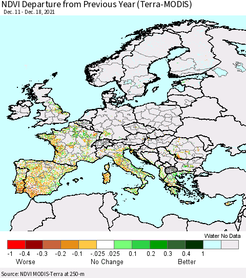 Europe NDVI Departure from Previous Year (Terra-MODIS) Thematic Map For 12/11/2021 - 12/18/2021