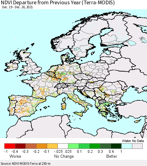 Europe NDVI Departure from Previous Year (Terra-MODIS) Thematic Map For 12/19/2021 - 12/26/2021
