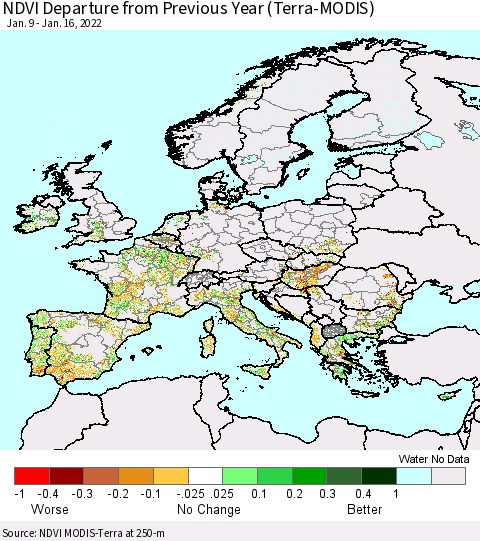Europe NDVI Departure from Previous Year (Terra-MODIS) Thematic Map For 1/9/2022 - 1/16/2022