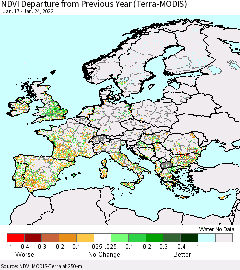 Europe NDVI Departure from Previous Year (Terra-MODIS) Thematic Map For 1/17/2022 - 1/24/2022