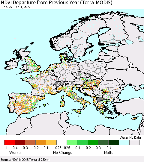 Europe NDVI Departure from Previous Year (Terra-MODIS) Thematic Map For 1/25/2022 - 2/1/2022