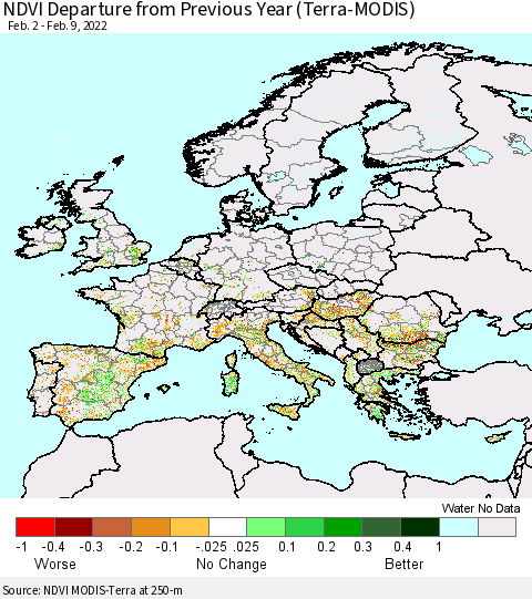 Europe NDVI Departure from Previous Year (Terra-MODIS) Thematic Map For 2/2/2022 - 2/9/2022