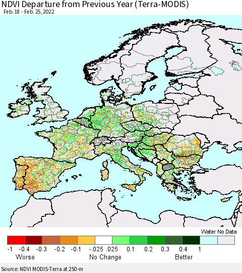Europe NDVI Departure from Previous Year (Terra-MODIS) Thematic Map For 2/18/2022 - 2/25/2022