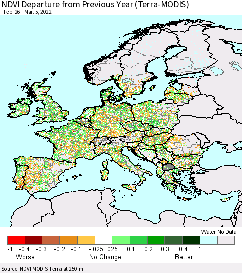 Europe NDVI Departure from Previous Year (Terra-MODIS) Thematic Map For 2/26/2022 - 3/5/2022