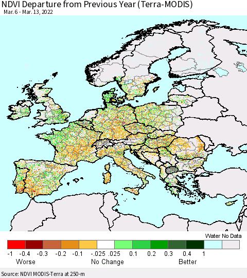 Europe NDVI Departure from Previous Year (Terra-MODIS) Thematic Map For 3/6/2022 - 3/13/2022
