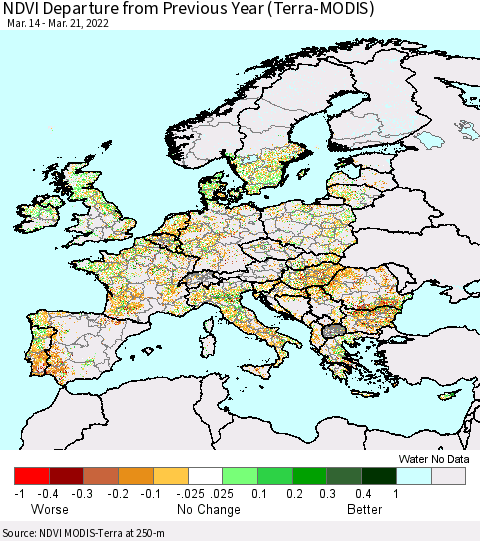 Europe NDVI Departure from Previous Year (Terra-MODIS) Thematic Map For 3/14/2022 - 3/21/2022