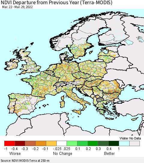 Europe NDVI Departure from Previous Year (Terra-MODIS) Thematic Map For 3/22/2022 - 3/29/2022