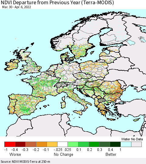 Europe NDVI Departure from Previous Year (Terra-MODIS) Thematic Map For 3/30/2022 - 4/6/2022