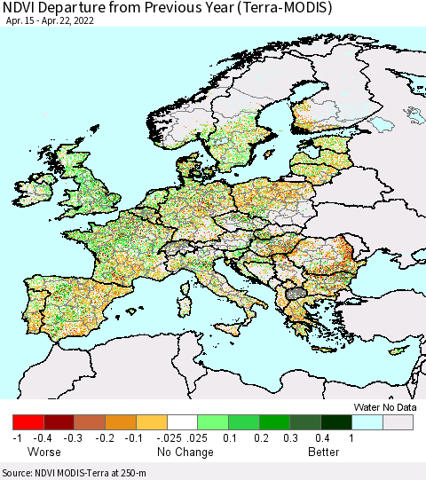 Europe NDVI Departure from Previous Year (Terra-MODIS) Thematic Map For 4/15/2022 - 4/22/2022