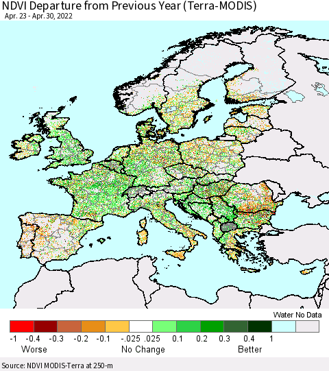 Europe NDVI Departure from Previous Year (Terra-MODIS) Thematic Map For 4/23/2022 - 4/30/2022