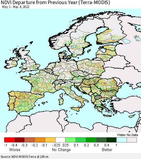 Europe NDVI Departure from Previous Year (Terra-MODIS) Thematic Map For 5/1/2022 - 5/8/2022